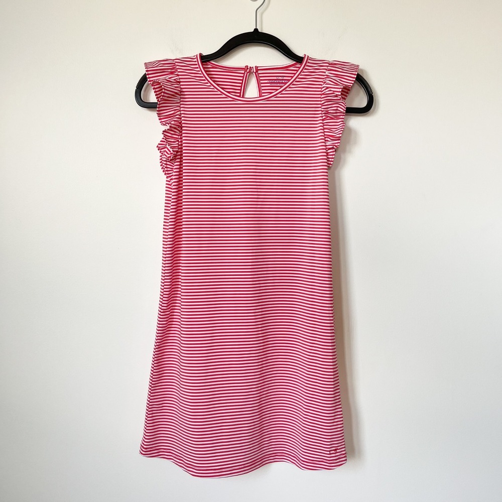 Vineyard Vines Madison Stripe Ruffle Sleeve Dress Malibu Pink Girls Large 14‎
